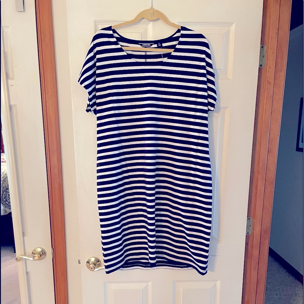 Lands' End Navy and White Striped Midi Dress
